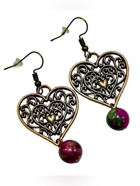 Handmade Copper Filigree Heart Earrings with Natural Persian Jade Stones